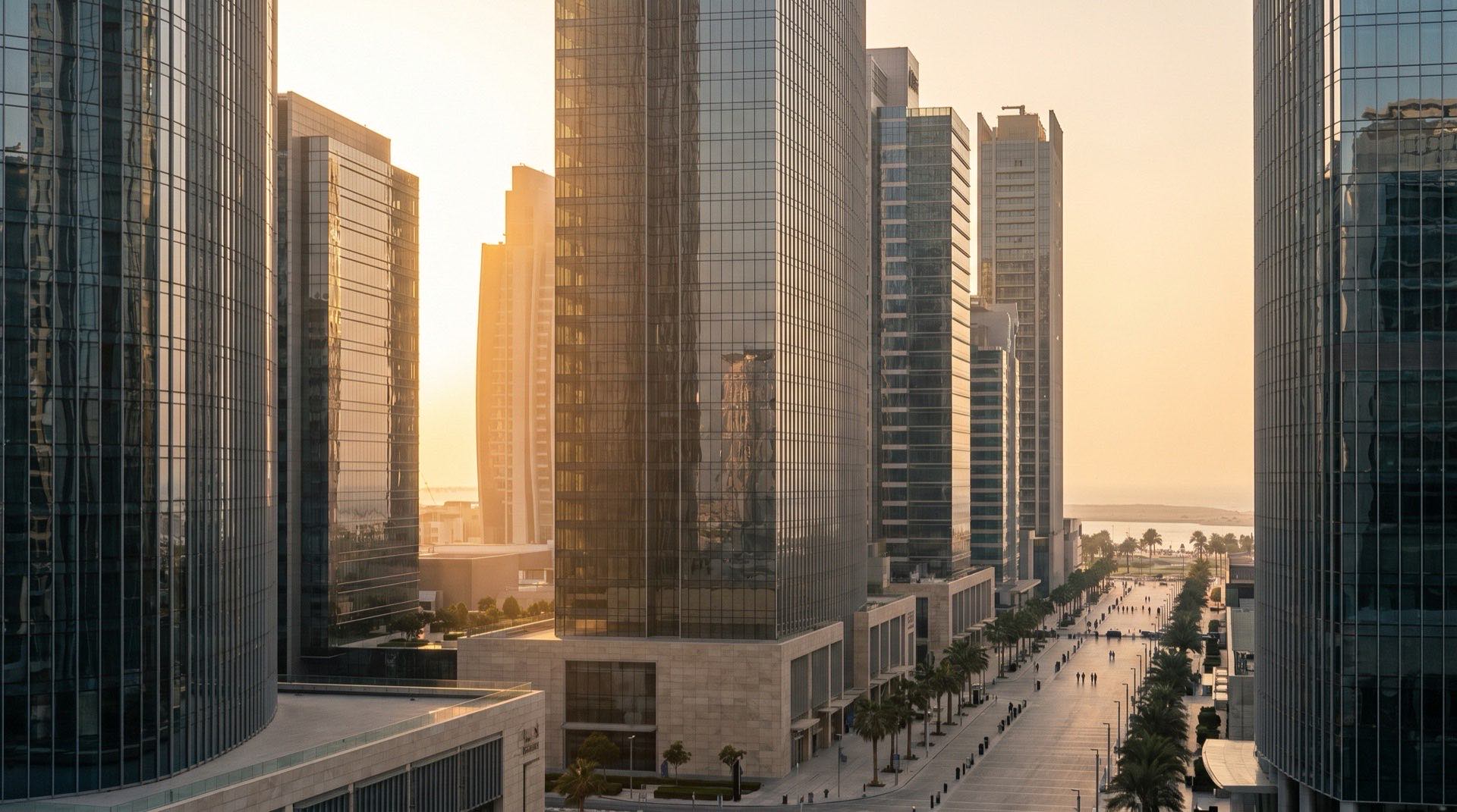 Moderner Wohnhochhauskomplex in Dubai im goldenen Nachmittagslicht, Außenansicht mit Palmen und Glasfassade
