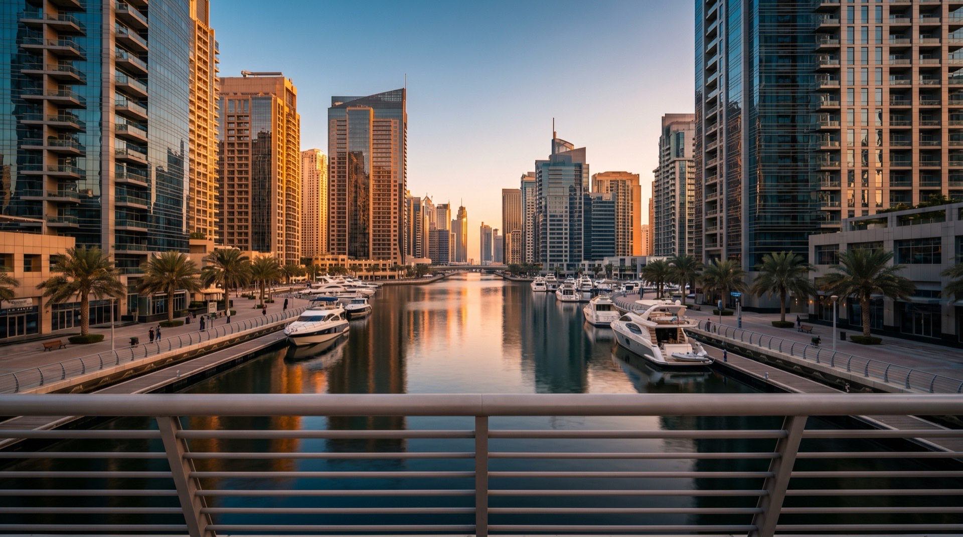 Blick entlang des Dubai Canals in Business Bay bei Abendsonne, moderne Glastürme spiegeln sich im Wasser