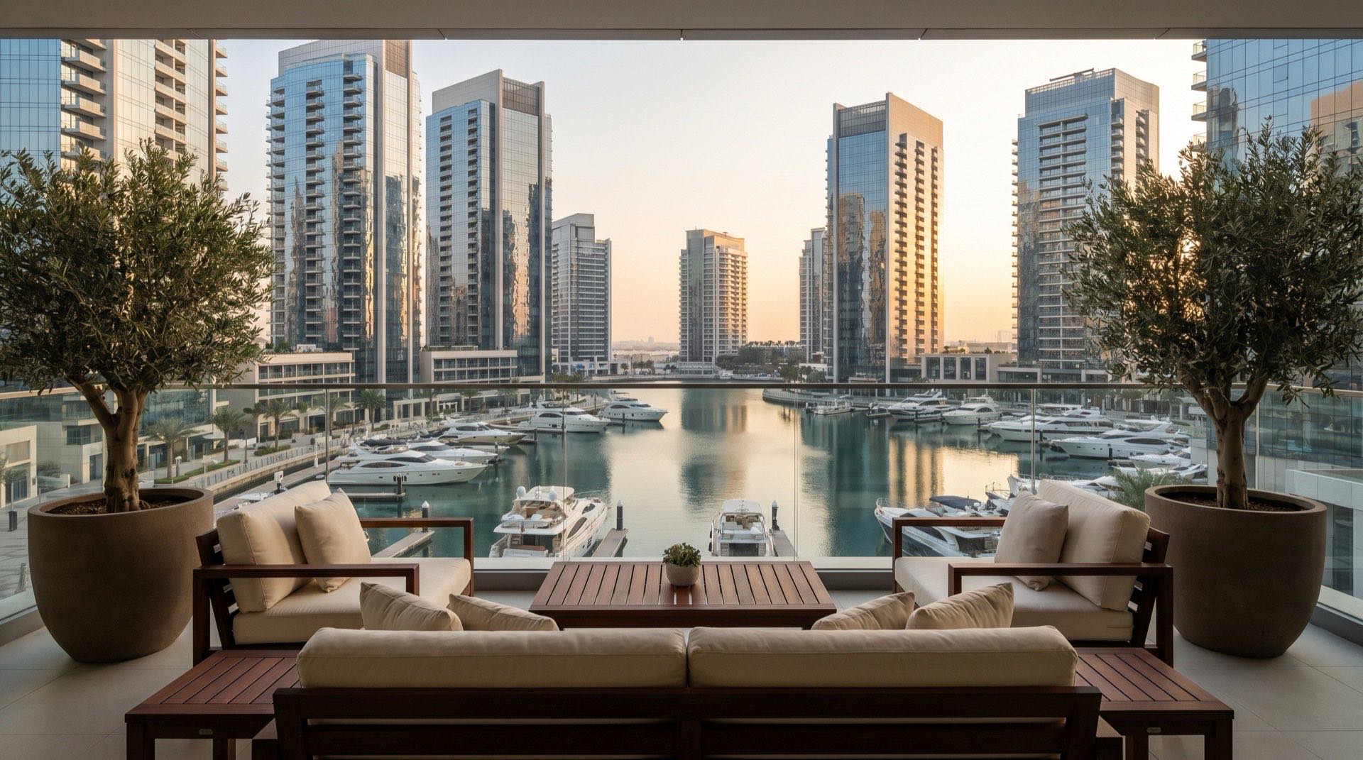 Moderne Hochhausfassade in Dubai im goldenen Nachmittagslicht, geometrische Glasstruktur von unten fotografiert