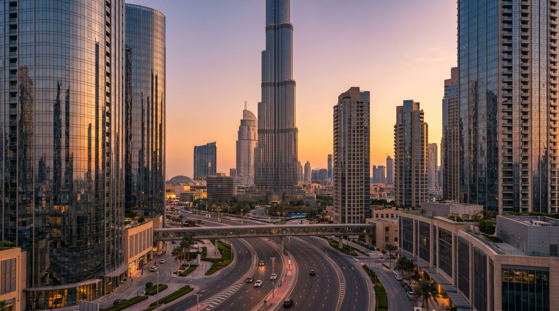 Downtown Dubai Skyline bei Sonnenuntergang mit modernen Hochhäusern und ruhiger Promenade im Vordergrund