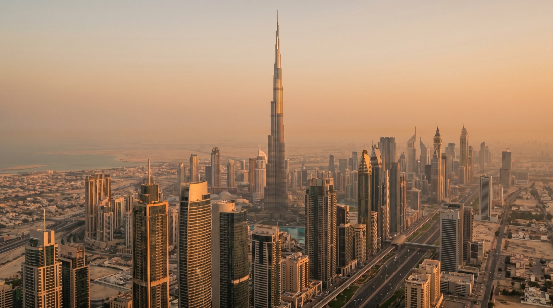 Modernes Wohnhochhaus in Dubai im goldenen Abendzwielicht, fotografiert aus erhöhter Perspektive mit Blick auf Außenanlage und Pool