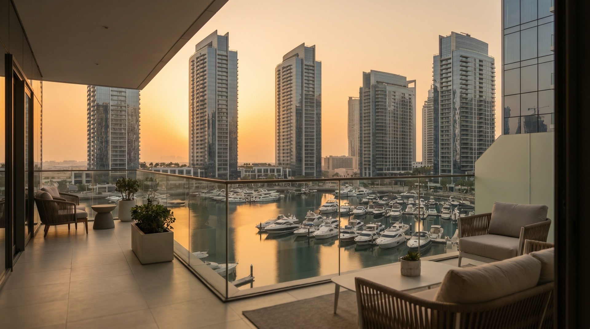 Moderne Wohnanlage in Dubai im Abendlicht, Palmen im Vordergrund, klare Architekturlinien