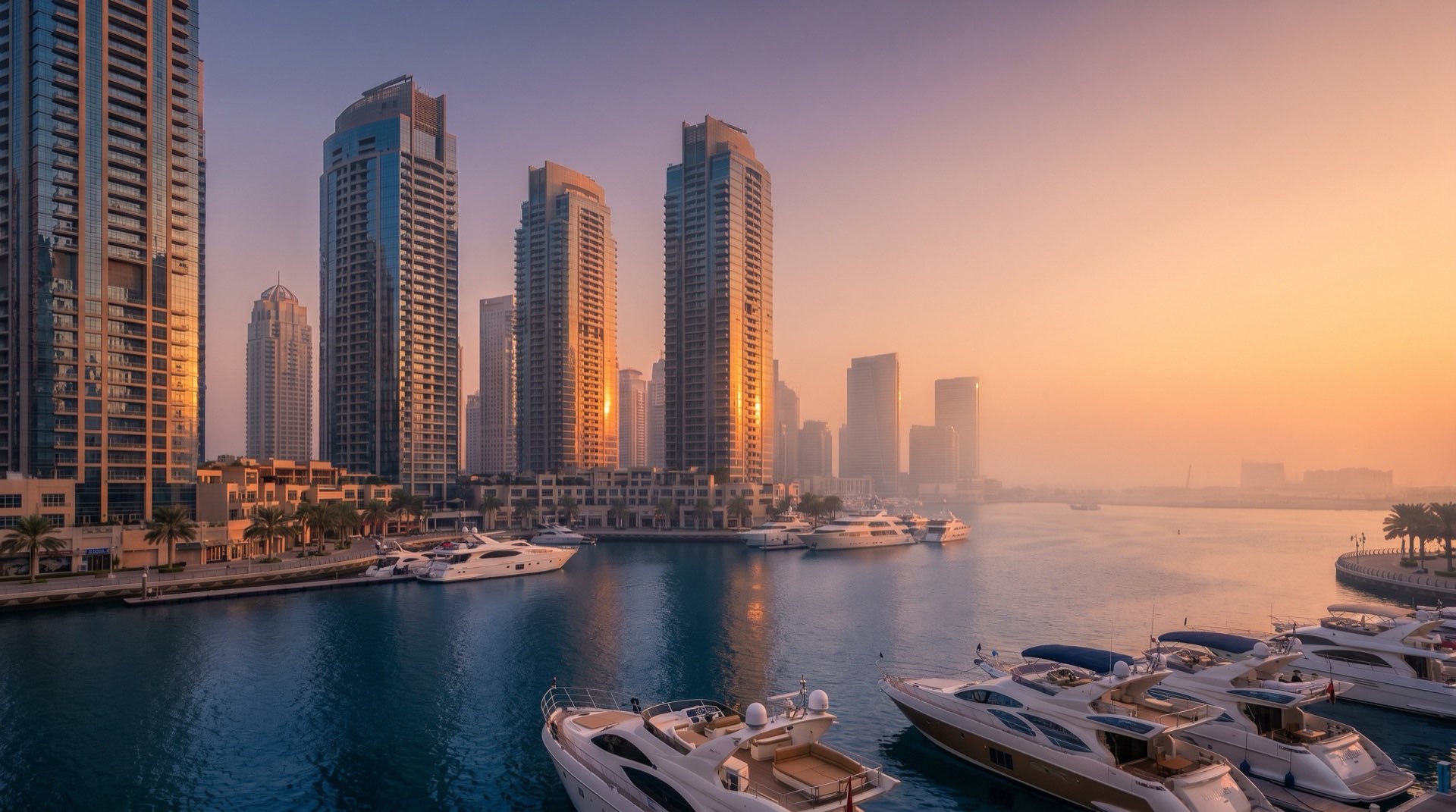 Blick entlang des Dubai Marina Kanals bei Abenddämmerung mit Hochhäusern und Wasserreflexionen