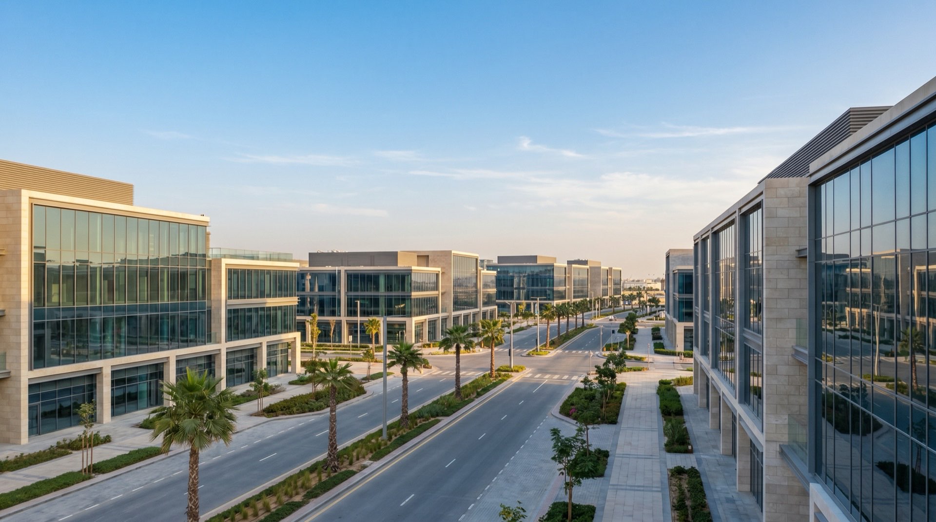 Luftaufnahme einer modernen Stadtentwicklung in Dubai South im goldenen Abendlicht, weitläufige Boulevards und Neubauten, Stand 2026