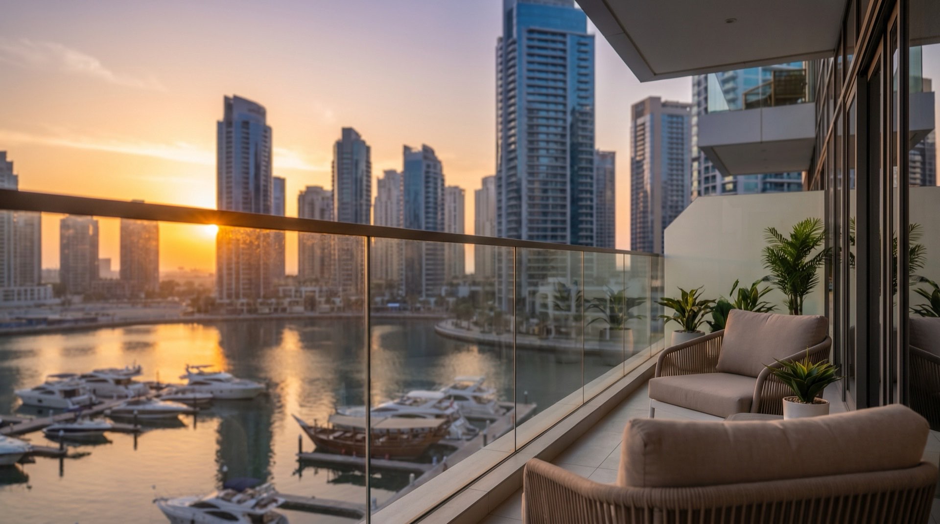 Moderne Hochhäuser in Dubai im Abendlicht, gespiegelt auf ruhiger Wasseroberfläche