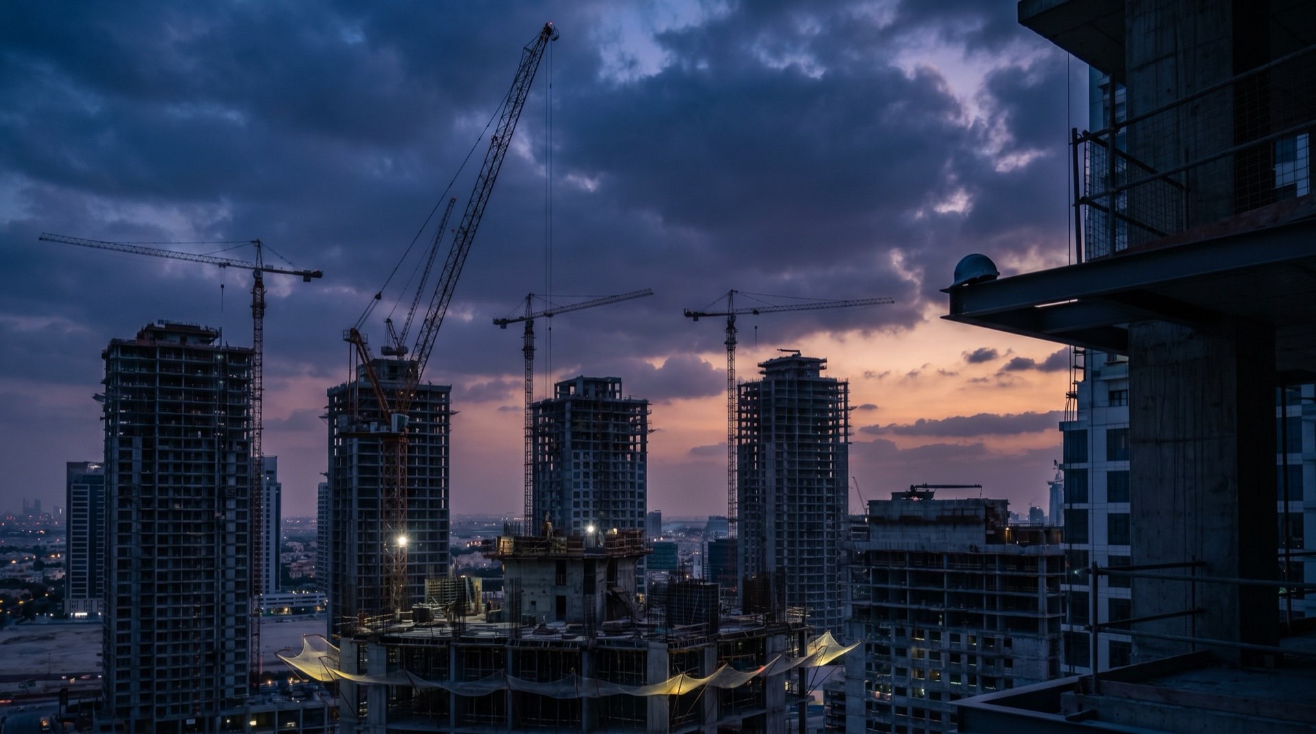 Modernes Wohnhochhaus in Dubai in warmem Abendlicht, Glasfassade reflektiert den Sonnenuntergang