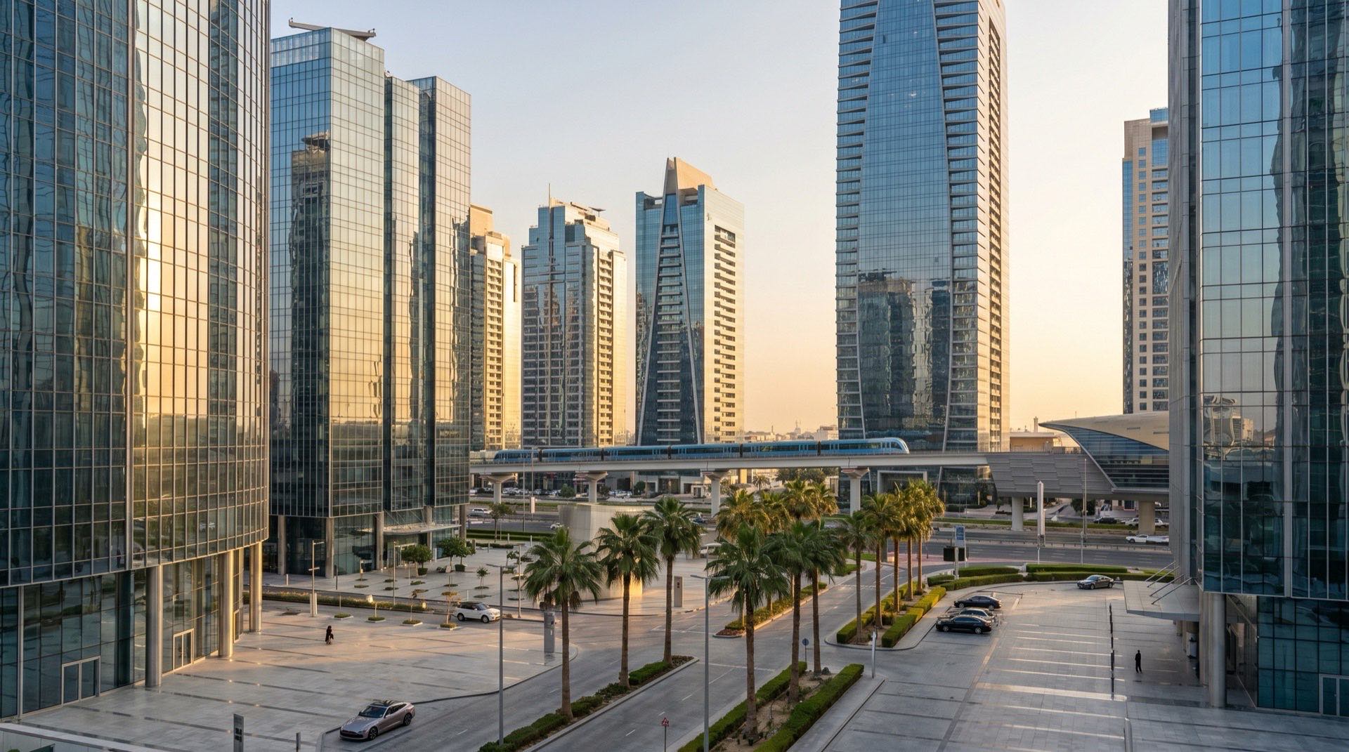 Moderner Wohnhochhaus-Turm in Dubai in der goldenen Stunde, verschiedene Stockwerke mit Licht- und Schattenspiel auf der Glasfassade