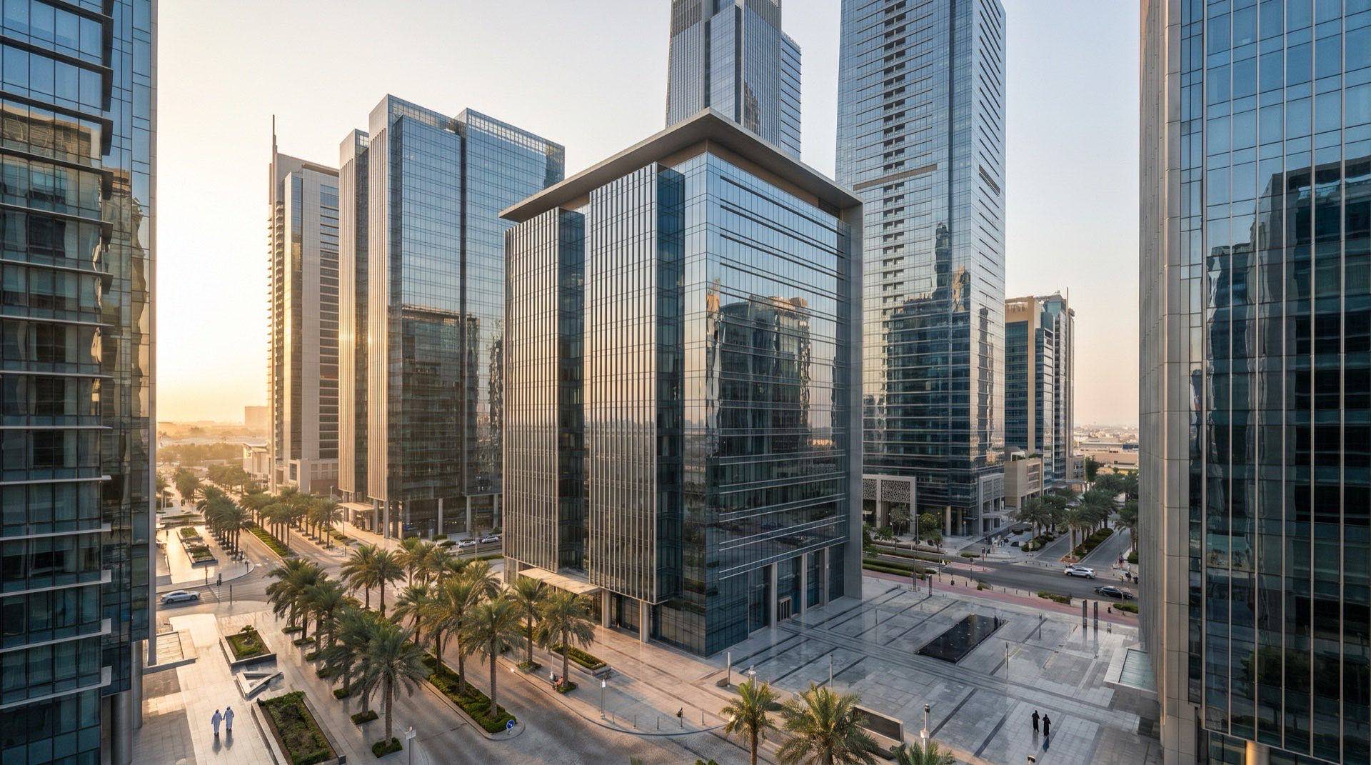 Moderne Hochhausfassaden in Dubai im goldenen Abendlicht mit Wasserreflexion im Vordergrund