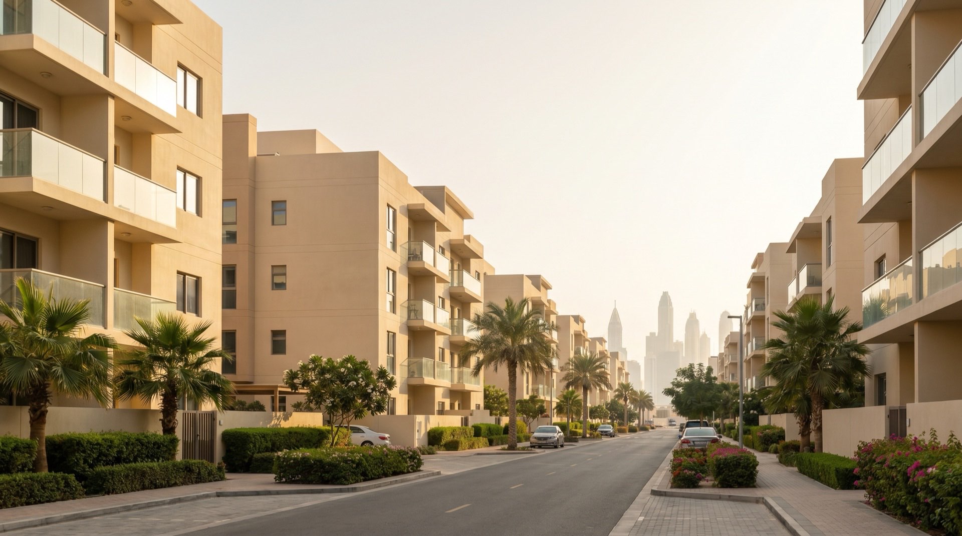 Moderne Wohngebäude in Jumeirah Village Circle, Dubai, im goldenen Nachmittagslicht