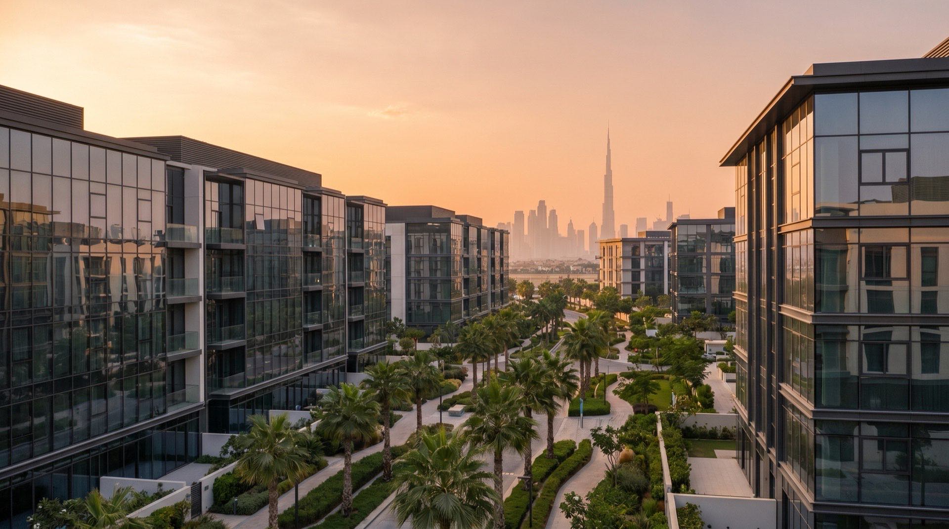 Palmenallee und Villen in einem weitläufigen Dubai-Wohnviertel im Abendlicht