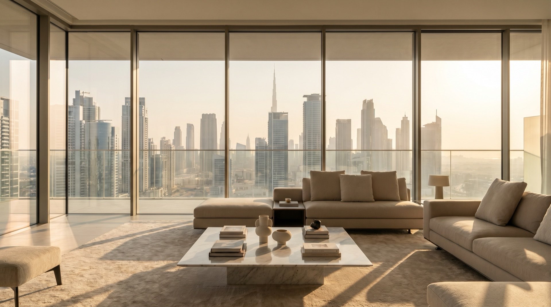 Moderner Wohnhochhaus-Rohbau in Dubai im goldenen Nachmittagslicht, Stahlgerüst im Vordergrund