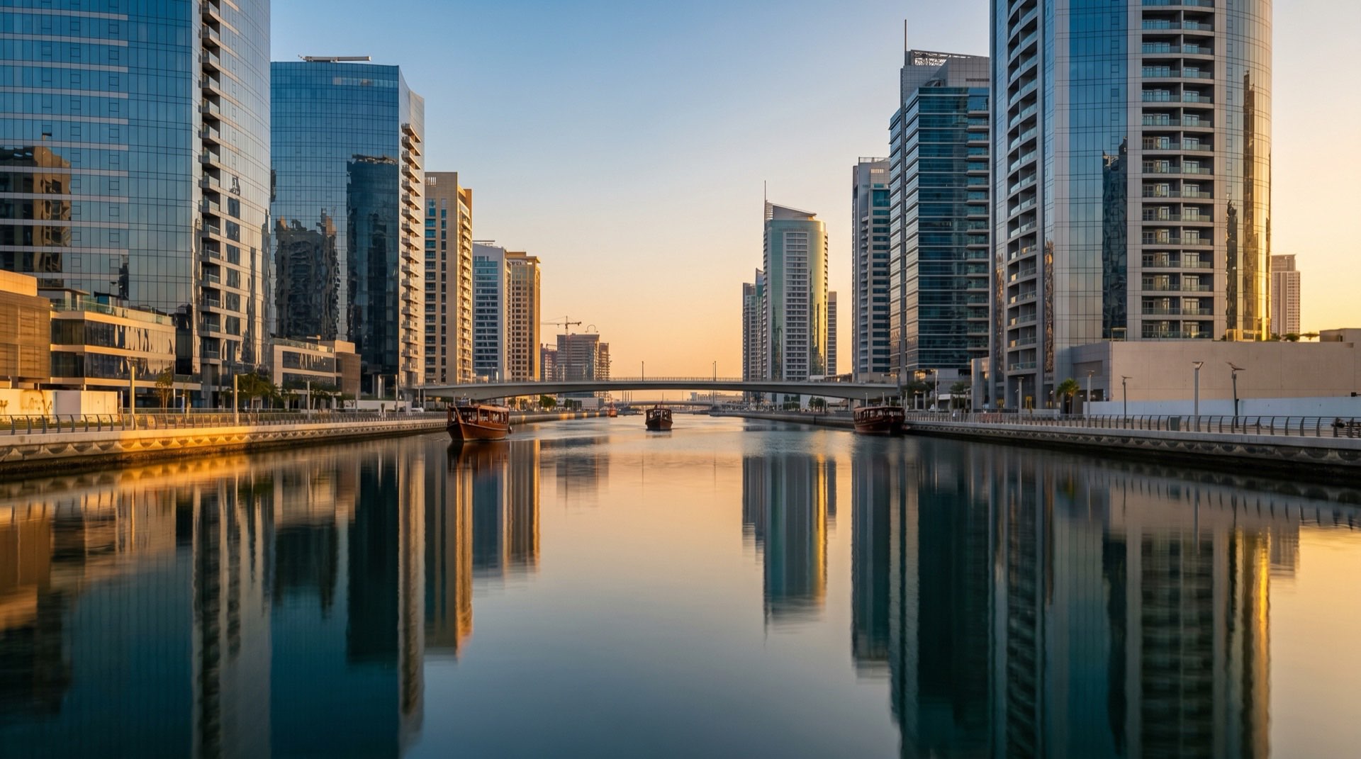 Modernes Hochhaus in Dubai im goldenen Abendlicht, editoriale Architekturaufnahme
