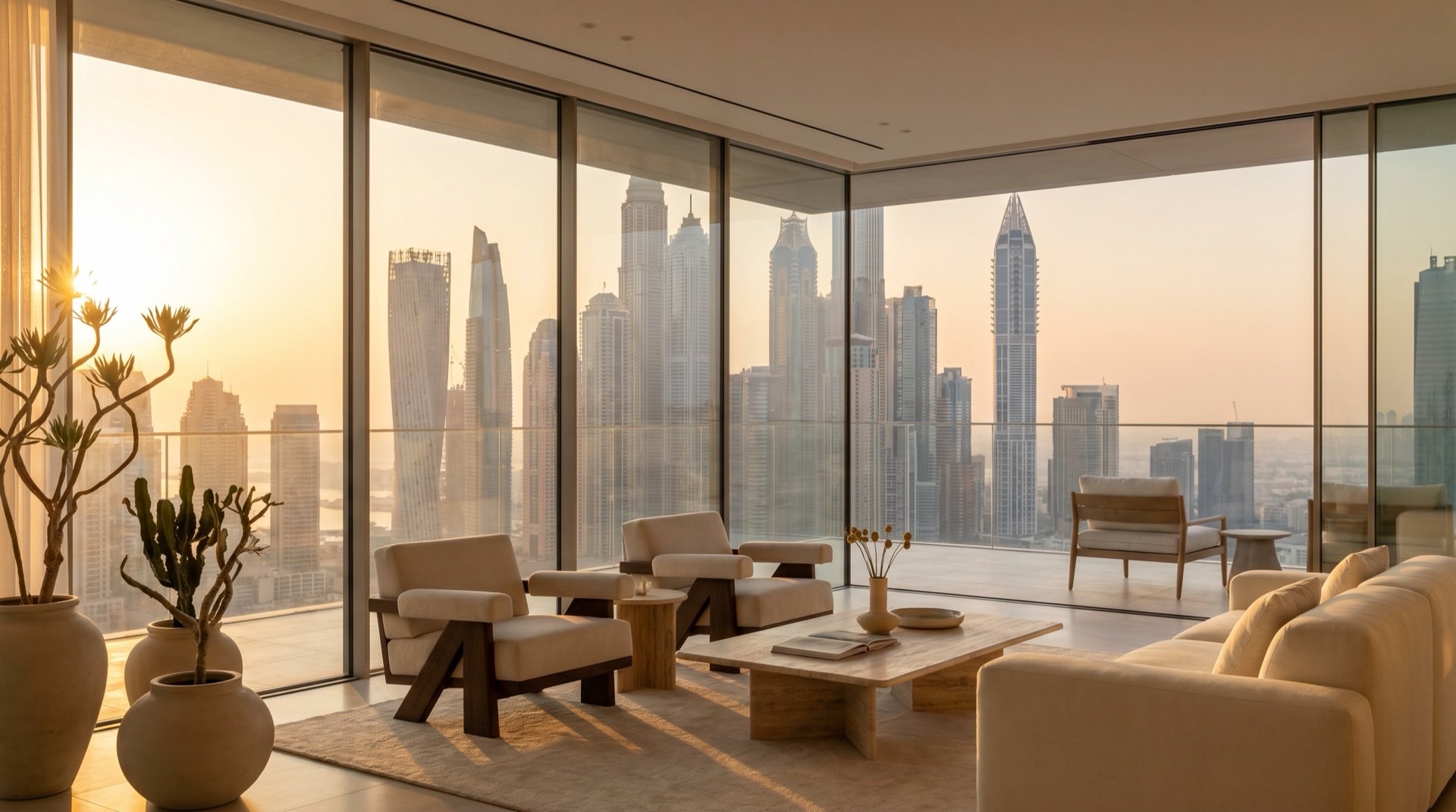 Modernes Townhouse und Apartment-Hochhaus in Dubai im Vergleich, fotografiert im goldenen Abendlicht mit Skyline im Hintergrund