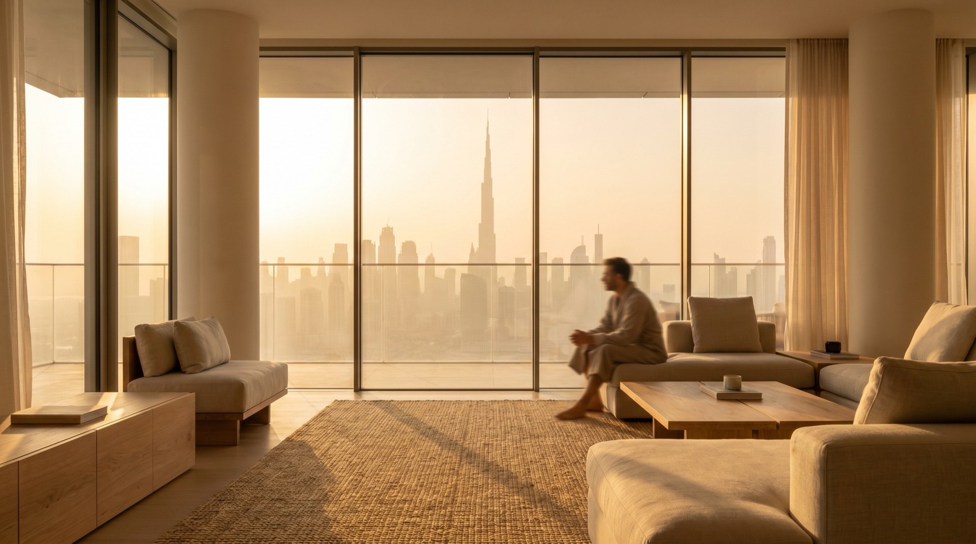 Modernes Hochhaus-Ensemble in Dubai Business Bay bei Abendlicht, Glasfassaden reflektieren den goldenen Himmel