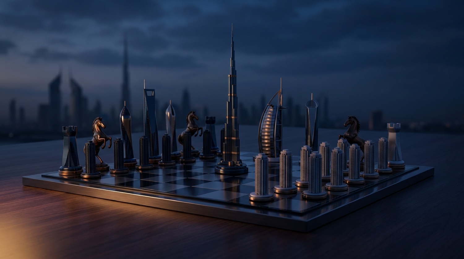 Ein Schachbrett, dessen Figuren Dubai-Wolkenkratzer sind: der König als Burj Khalifa, die Dame als Burj Al Arab, die Bauern als Wohntürme.